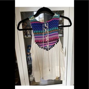 Saylor Revolve Womens Small Lace Up Tank Embroidered gauze Ruffle Hem cute!!
